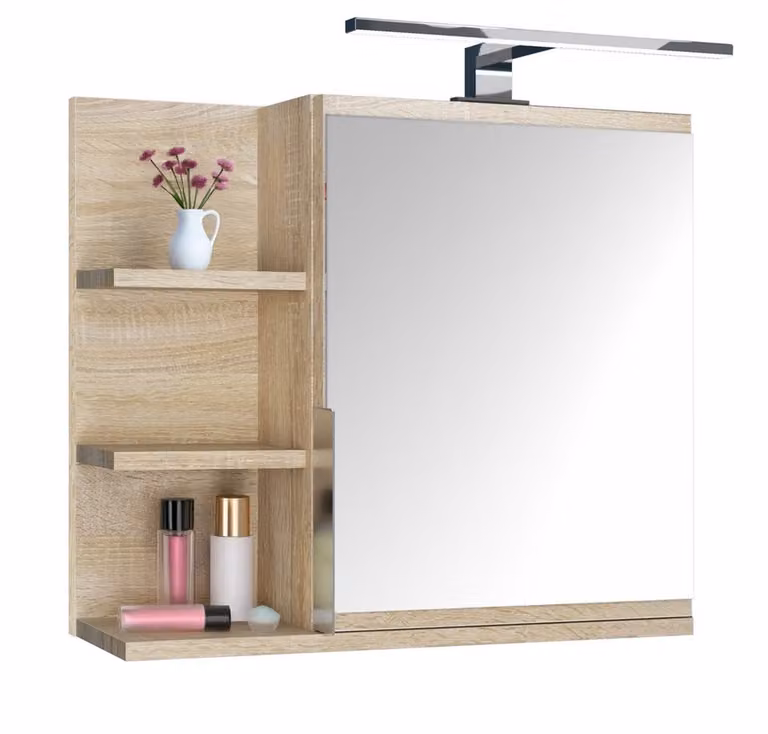 Specchiera 60x50 rovere Sonoma, mobile bagno con ripiani, specchio bagno, pensile LED LAMPE - sinistra
