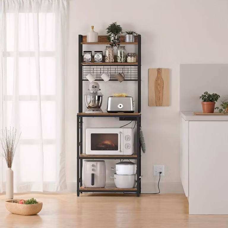 Ripiano per cucina con presa di corrente, griglia e 14 ganci | Colore marrone e nero | Dimensioni: 60,1 x 40,1 x 170,1 cm