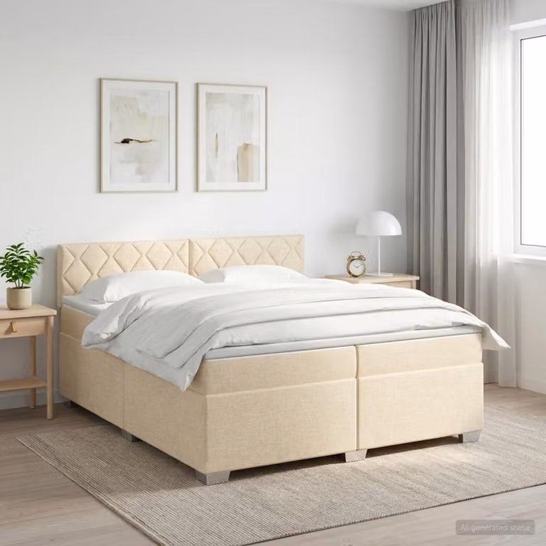 Letto box spring vidaXL con materasso ibrido in tessuto beige e bianco, L/P: 200 x 200 cm