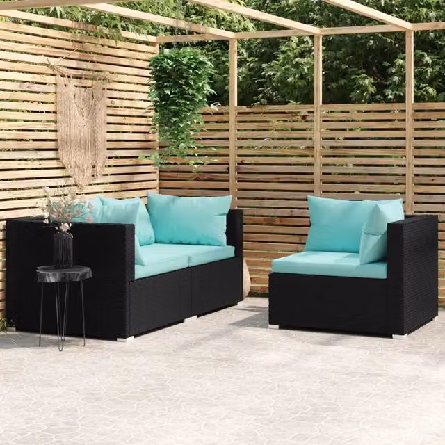 Set Divani da Giardino 3 pz con Cuscini Nero in Polyrattan 317538