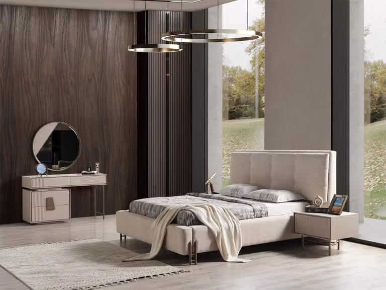 Beiges Luxuriöses Schlafzimmer Set Polsterbett Holz Schminktisch
