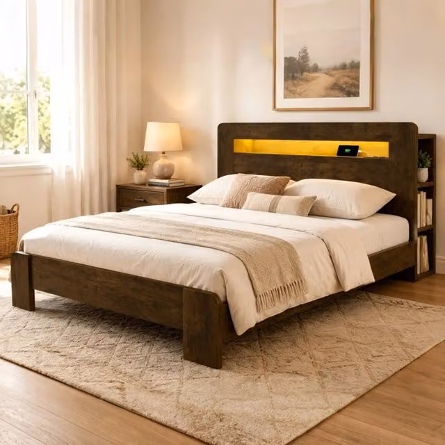 Letto multifunzione 140x200 cm con testiera portaoggetti; LED e prese integrate; effetto legno