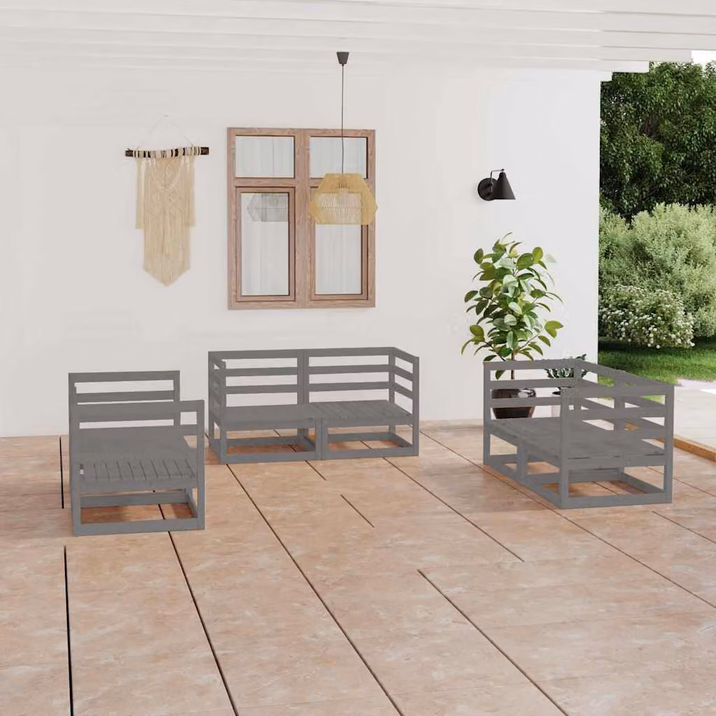 Set di divani da giardino vidaXL a forma di L composto da 6 pezzi in legno di pino massello con cuscini grigi