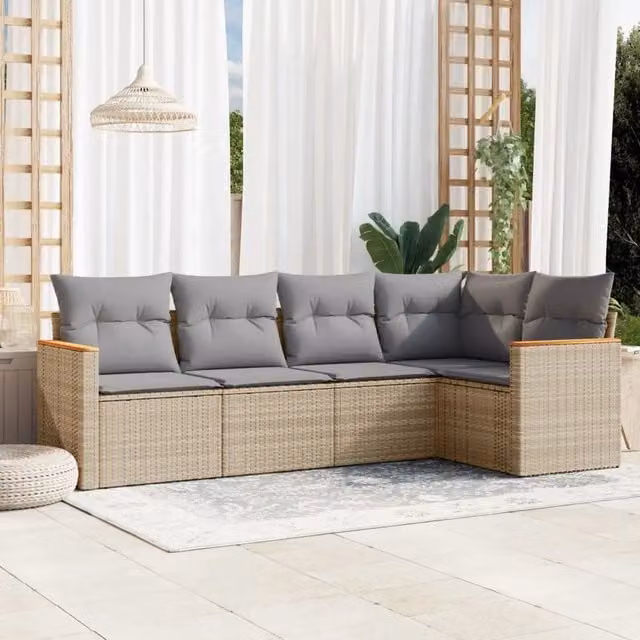 Set Divano da Giardino 5 pz con Cuscini-Sofa da Giardino-Divanetto da esterno Beige in Polyrattan 828066