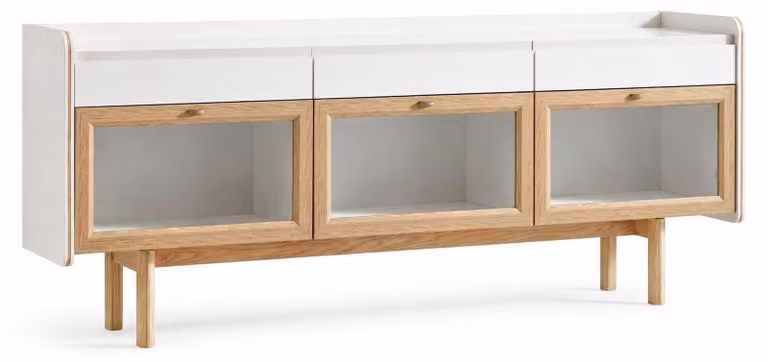 Moderna consolle con ante in vetro e gambe in legno di rovere