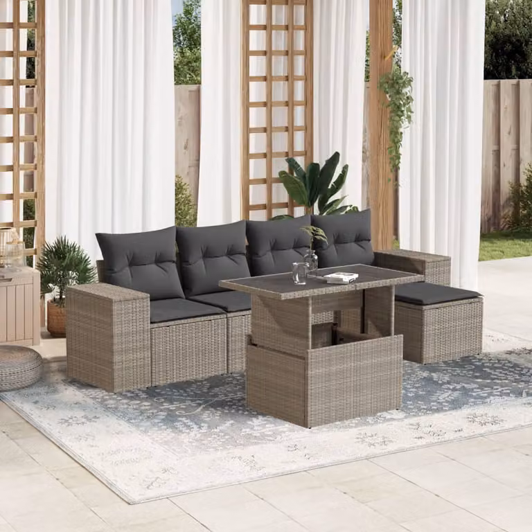 vidaXL Set Divano da Giardino a L con 6 Pezzi, Colore Antracite, con Cuscini e Tavolino, Struttura in Metallo e Polyrattan