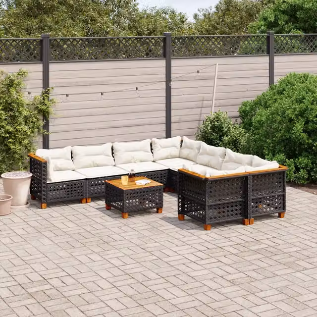 vidaXL Set Divani da Giardino a L 9 pz in Polyrattan Nero con Cuscini e Tavolino da Esterno