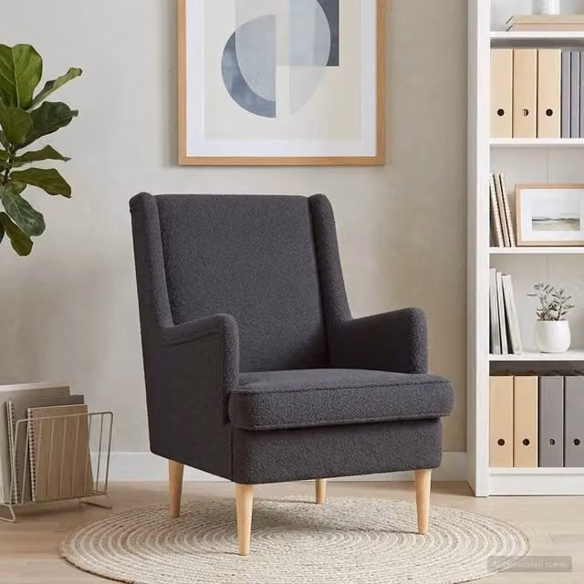 Poltrona moderna in tessuto bouclé grigio con braccioli e struttura mista per soggiorno o camera da letto L: 79 cm, P: 45 cm, H: 90 cm