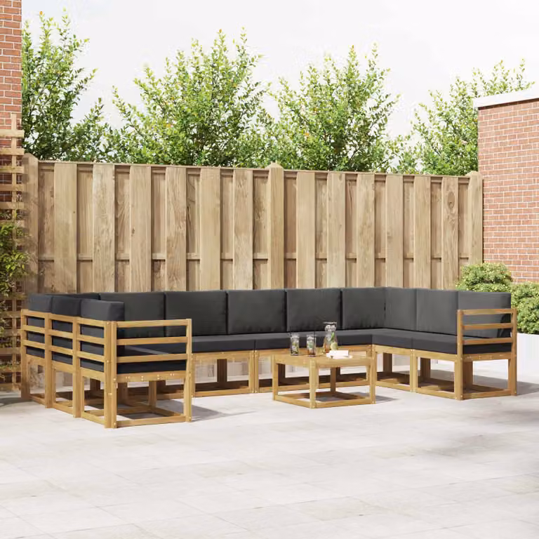 vidaXL Set di divani da esterno a forma di U composto da 11 pezzi in legno di acacia con cuscini, Bianco, Antracite e Marrone