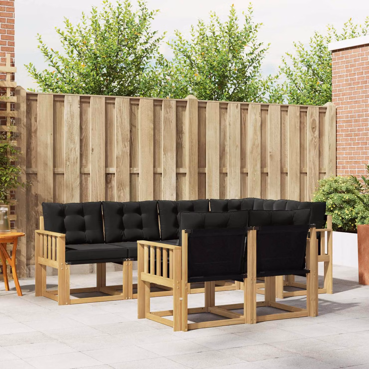 Set di divani da esterno vidaXL 7 pz in legno di acacia e textilene, composizione a L con cuscini, Bianco, Nero e Marrone