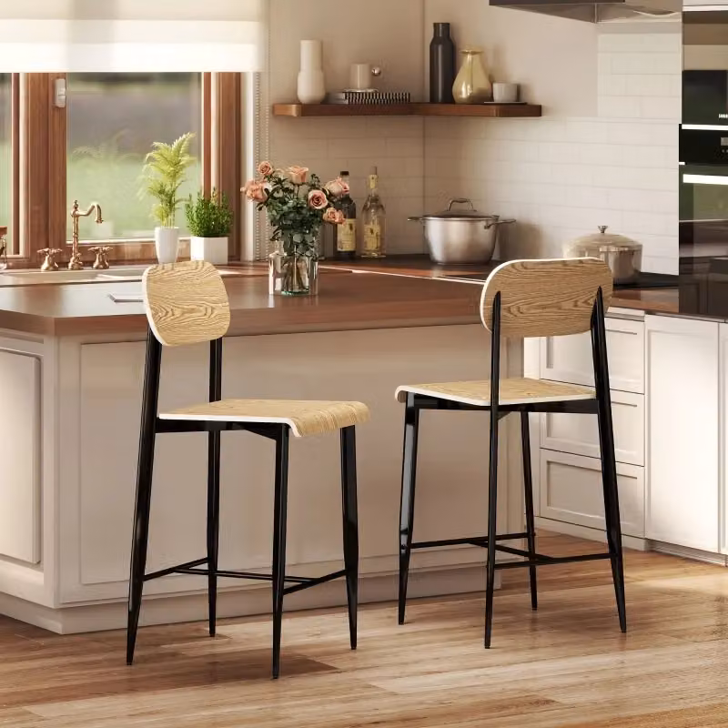 Set di 2 sgabelli da bar in stile industriale WISHDOR in legno marrone e metallo nero, altezza seduta: 66 cm – 2