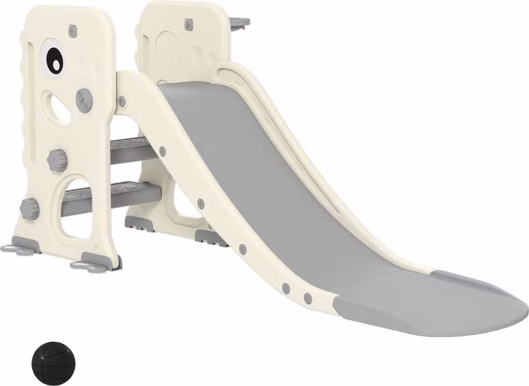 Moonbite, scivolo pieghevole per bambini 3-in-1, 146 cm, con struttura per arrampicata e canestro da basket, design a tema dinosauro, salvaspazio per uso interno, materiale plastico, color crema