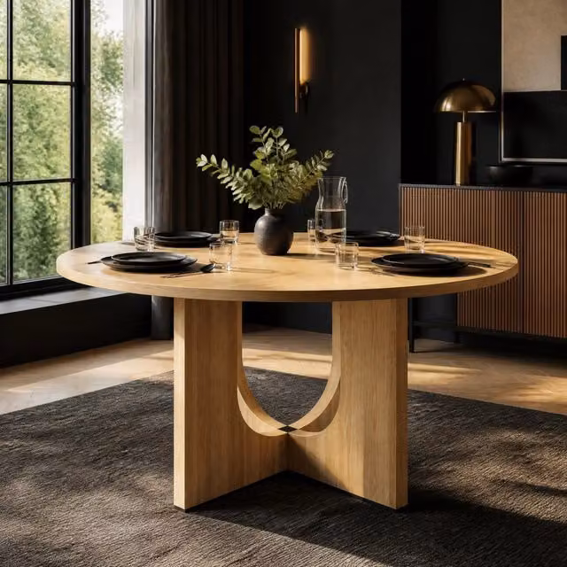 Tavolo da pranzo rotondo OKWISH in MDF laminato con design scandinavo, colore marrone, Diametro: 120 cm – 1
