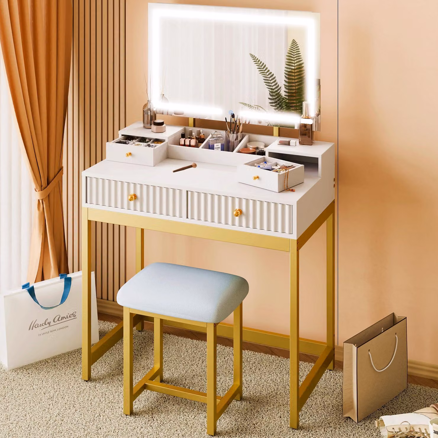 Comò da trucco con specchio e sgabello, comodino da camera da letto disponibile in 3 colori