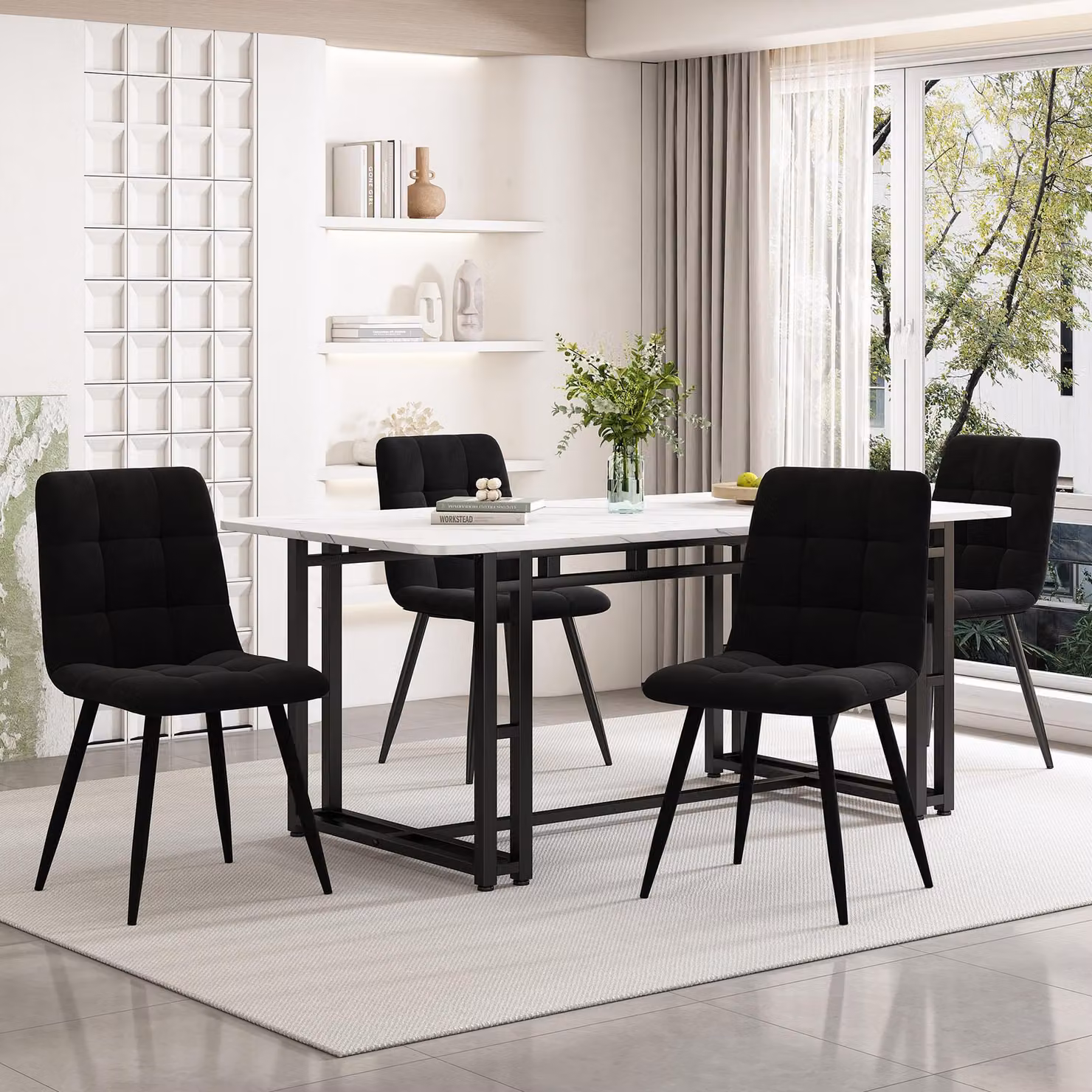 Sweiko 140x80cm Tavolo da pranzo nero con 4 sedie, Set tavolo da pranzo cucina moderna, sedie da pranzo in velluto nero, tavolo con gambe in ferro nero