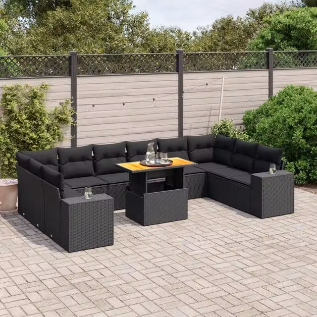 Set di Divani da Giardino VIDAXL a Forma a U in Polyrattan Nero con 11 Cuscini – 1