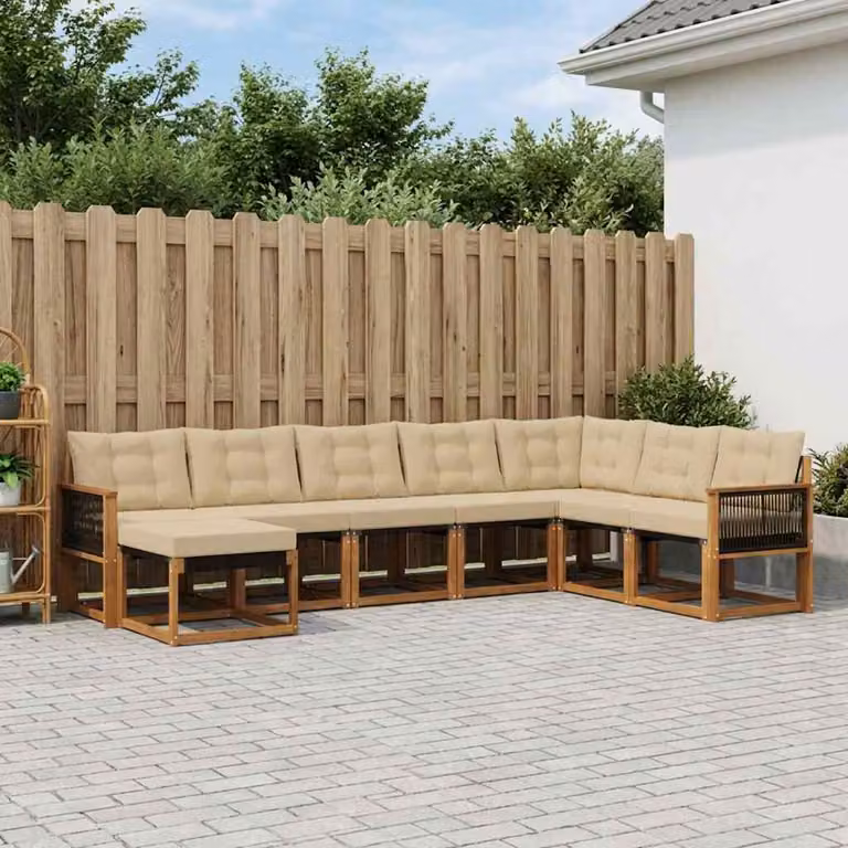 vidaXL Set di divani da esterno 8 pz a forma di L in legno di acacia con cuscini Beige e Marrone