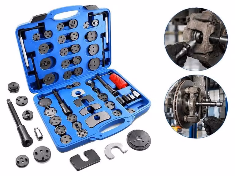 Set di utensili per pinze freno, composto da 50 pezzi, realizzato Acciaio al carbonio #45, compatibile con diversi modelli, include una custodia e 35 adattatori per dischi freno