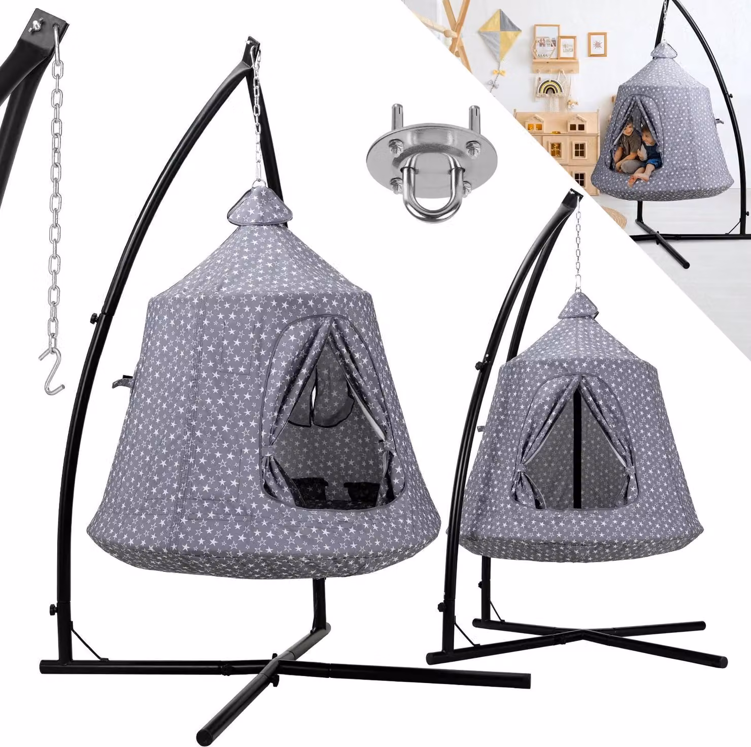 Sedia sospesa per bambini - Sedia sospesa con telaio - Struttura in acciaio - Interno ed esterno - 1 persona - Portata 150 kg - 112×112×213 cm - Necessario il montaggio - Grigio chiaro