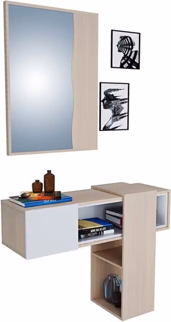 Parete Attrezzata Moderna Arreditaly con Biocamino, Mobile Porta TV, Pannello Listellato, Pensile con Vetrina e LED, 2 Ante Ribalta, Grigio e Rovere, L: 200 cm, P: 40 cm, H: 148 cm
