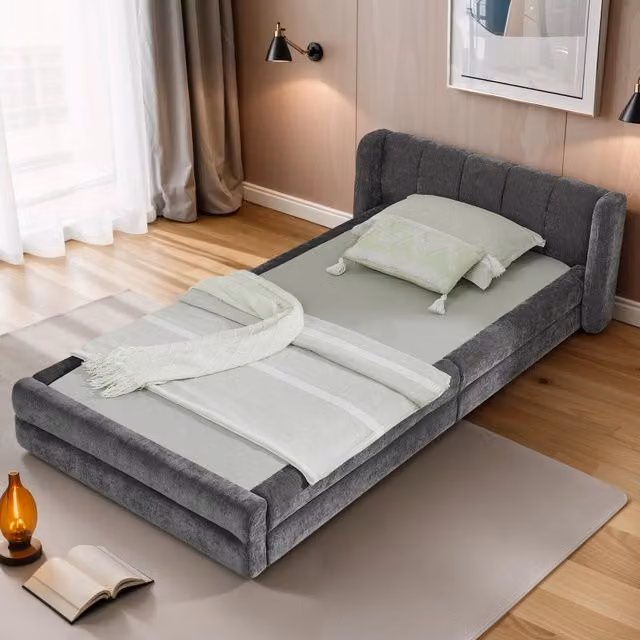 Letto singolo 90 × 200 cm con testiera imbottita ergonomica, senza materasso, rivestito in ciniglia grigio scuro