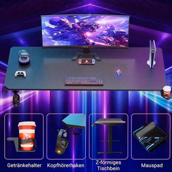 Tavolo da gaming ergonomico in fibra di carbonio, dimensioni 180x70x80 cm, completo di poggiapolsi per tastiera e supporto per cuffie