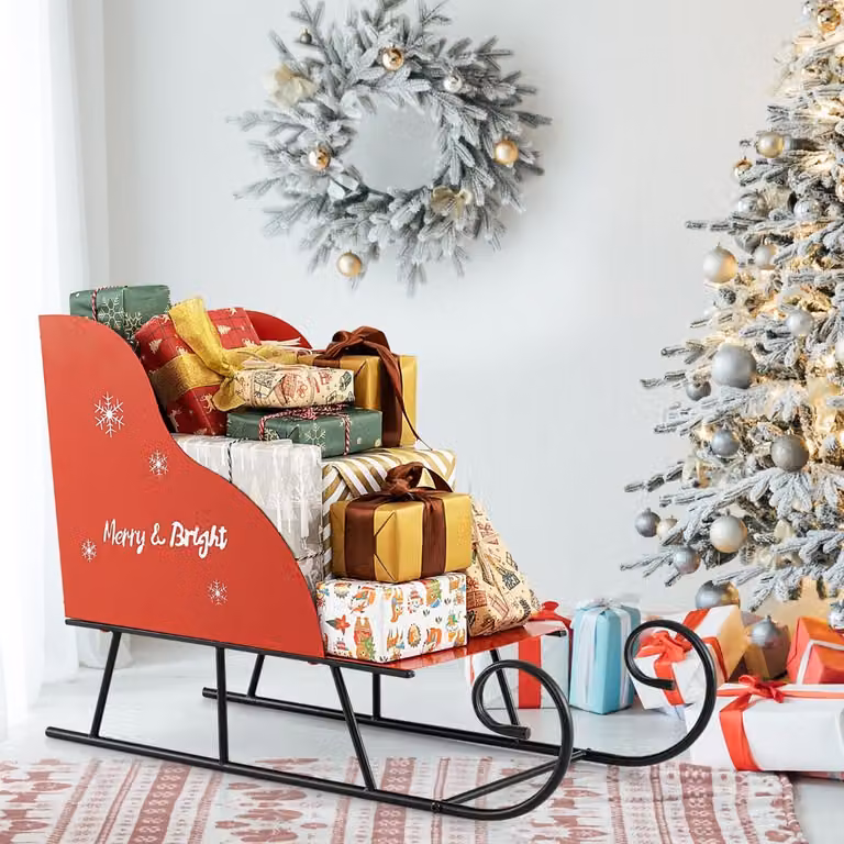 Albero di Natale artificiale Costway con slitta decorativa in metallo rossa, Altezza: 210 cm
