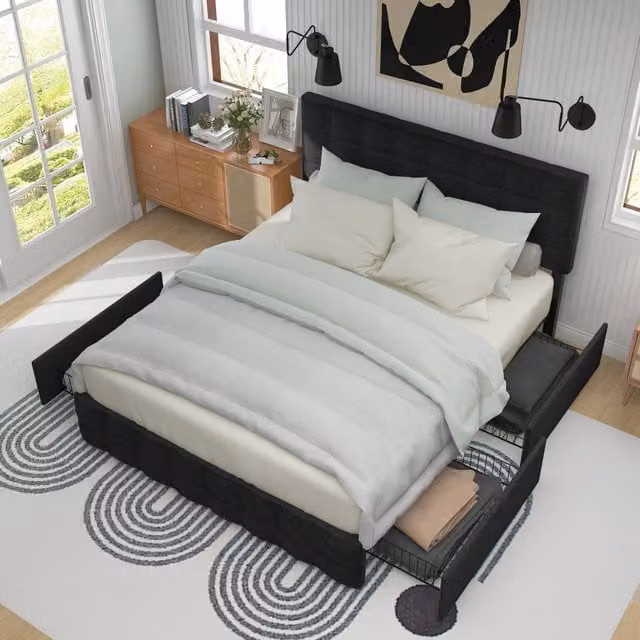 Letto matrimoniale 140×200 cm con 4 cassetti, testiera regolabile e supporti in acciaio, senza materasso, nero