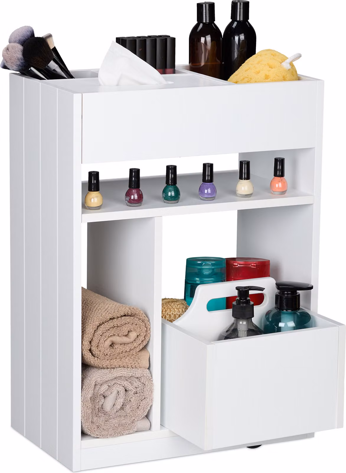 Carrello con ripiani a nicchia Relaxdays, libri, spezie e cosmetici, HBT 55x38,5x23 cm, carrello multiuso per cucina, bagno e ufficio, bianco