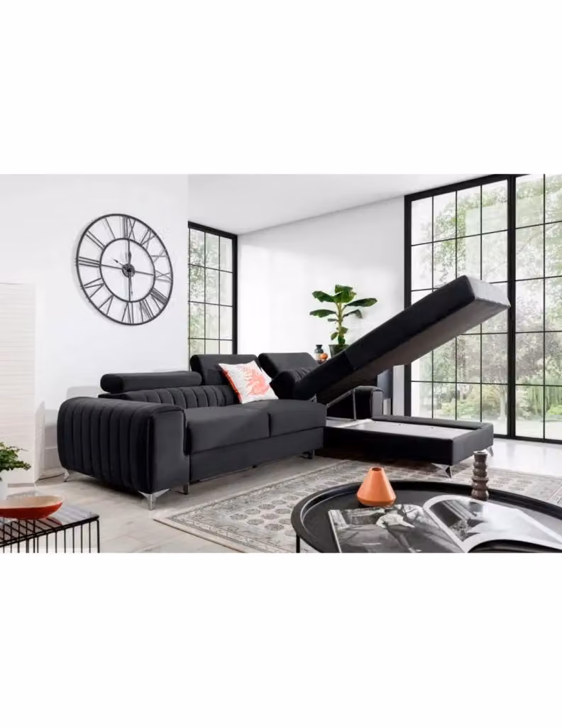 Divano ad angolo destro JAYSON MEUBLORAMA Grigio, convertibile con contenitore e funzione letto, con poggiatesta regolabile e struttura in legno massello, L: 278 cm x P: 205 cm x H: 92 cm – 2
