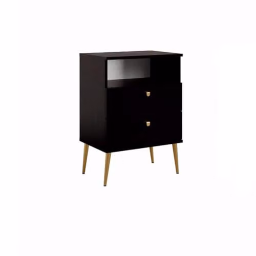 Comodino con 2 Cassetti e Vanetto - Nero con Piedi in Metallo Dorato - Collezione Aurora