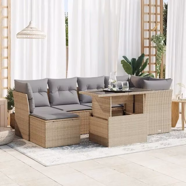 Set Divani da Giardino 7 pz con Cuscini Beige in Polyrattan 3326190
