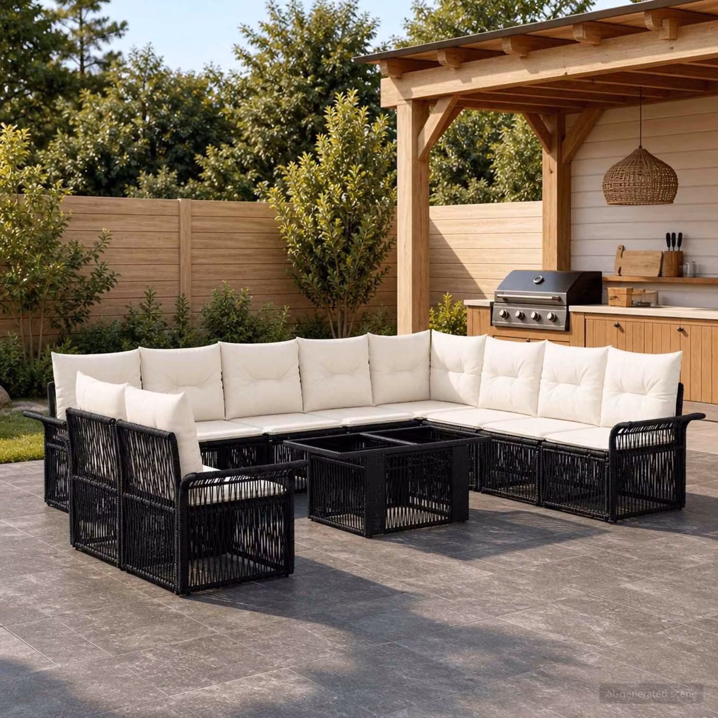 Set Divano da Giardino vidaXL 11 Pezzi in Polyrattan Nero e Bianco Crema con Cuscini e Tavolino