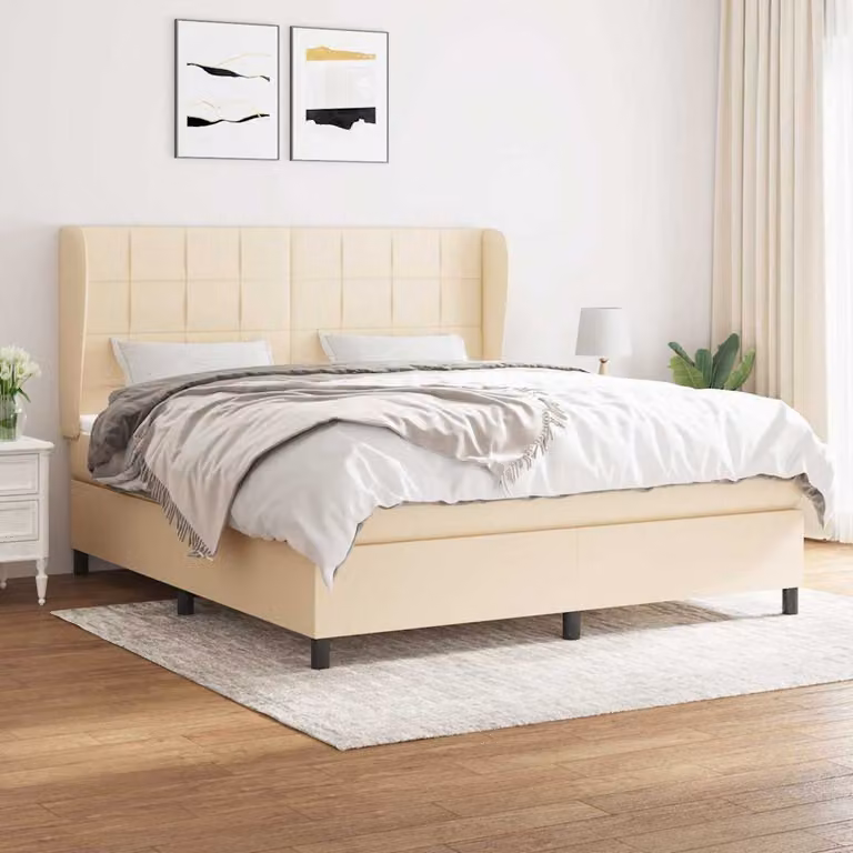 vidaXL Giroletto a Molle con Materasso Ibrido in Tessuto Beige e Bianco L/P/H: 160 x 200 x 128 cm