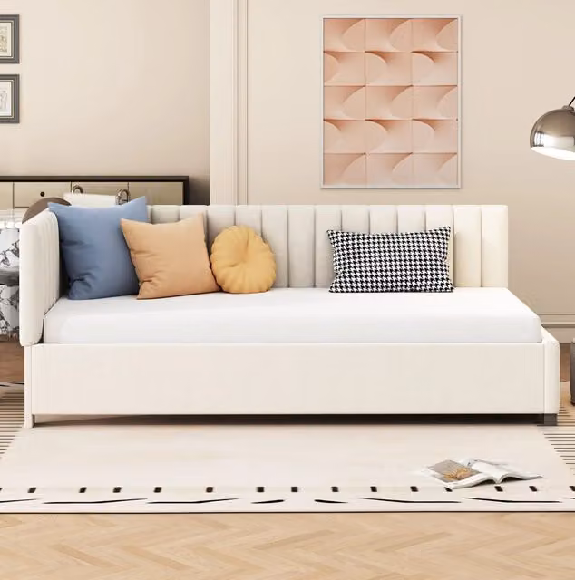 Divano letto imbottito 90x200 cm in velluto beige con rete a doghe