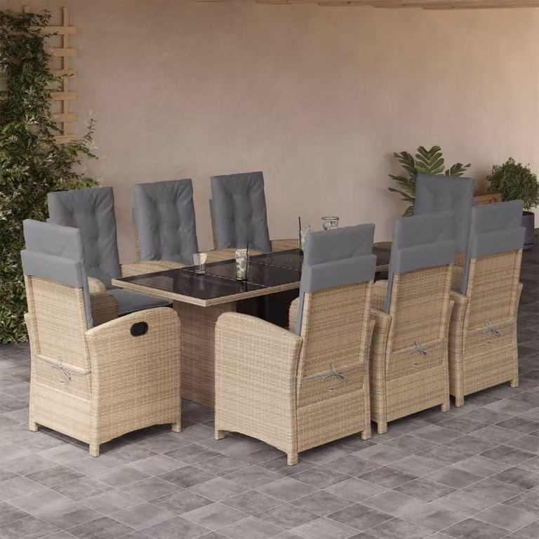 Set Pranzo da Giardino vidaXL in Polyrattan con Cuscini Beige Misto, 9 Pezzi