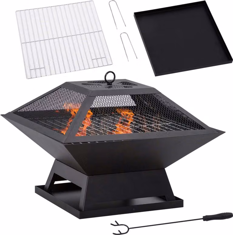 Pozzetto 842-263, con parascintille, griglia, attizzatoio, barbecue, acciaio, nero, 45 x 45 x 34 cm