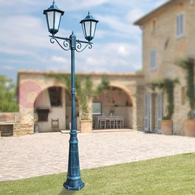 Lampione da esterno Dafne Grande Iris Luce con 2 lanterne esagonali, struttura nero goffrato e diffusore sabbiato, Altezza: 266 cm