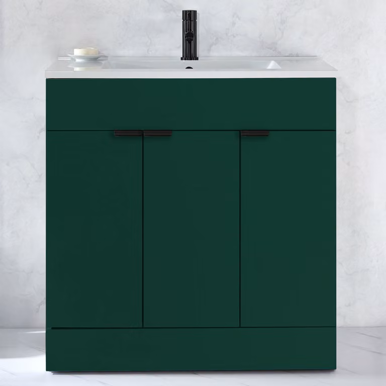 Mobile Bagno a Terra Verde Scuro da 810mm con Lavabo e Maniglie Nere con Impugnatura a Dito - Cluo