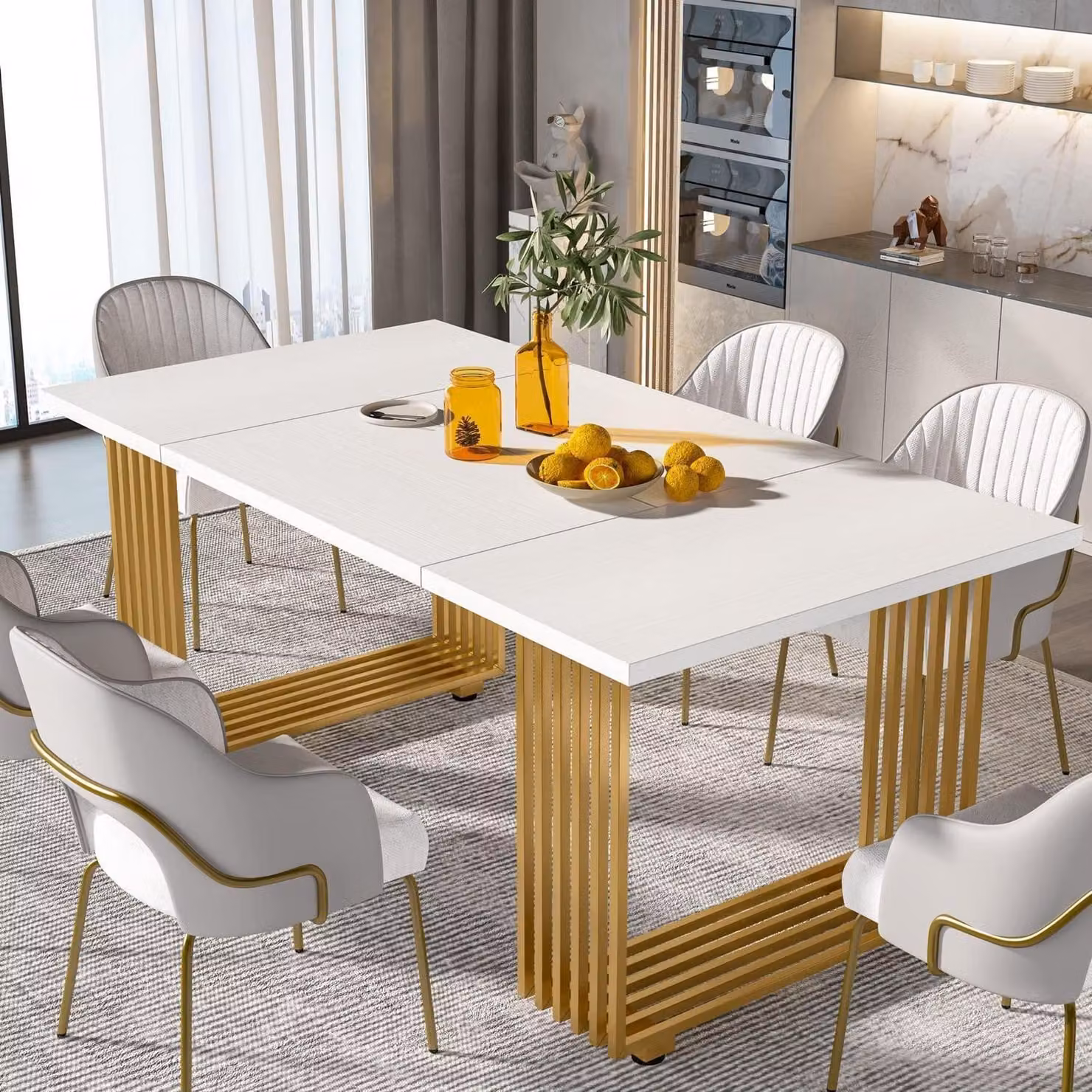 Tavolo da pranzo 180x80 cm, bianco e oro, rettangolare, per 8 persone