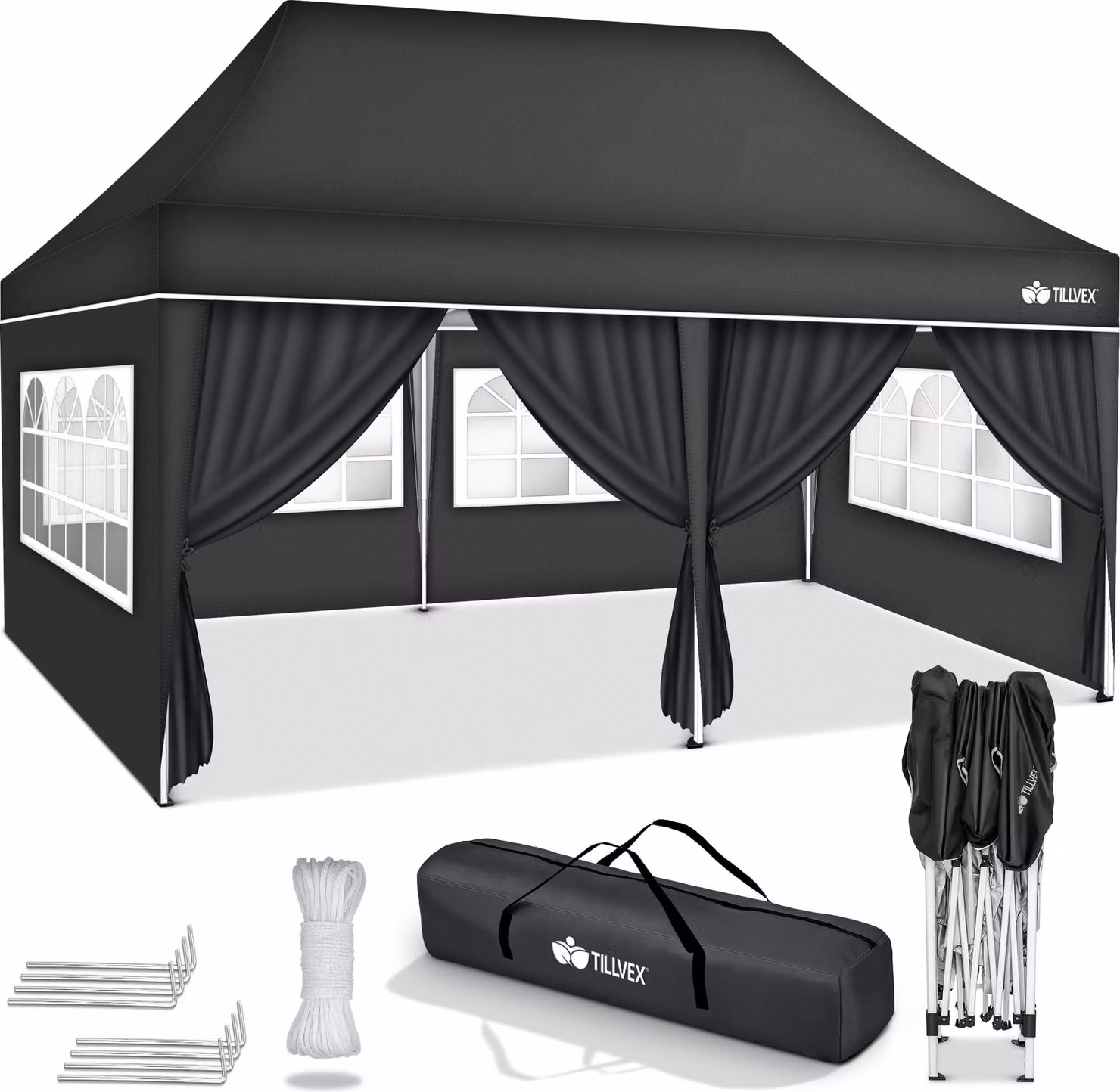 gazebo tillvex 3x6m - con 6 pareti laterali antracite impermeabile | gazebo pieghevole pop-up regolabile in altezza | tenda da giardino protezione UV 50+ | tenda da festa con borsa per giardino