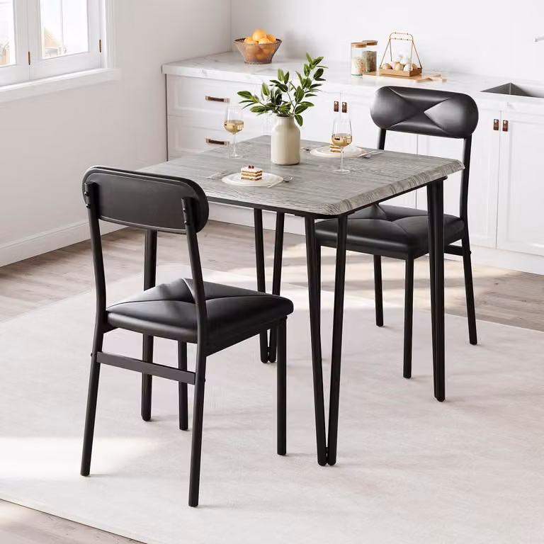 Set tavolo da pranzo per 2 persone, tavolo da cucina con 2 sedie imbottite, colore grigio