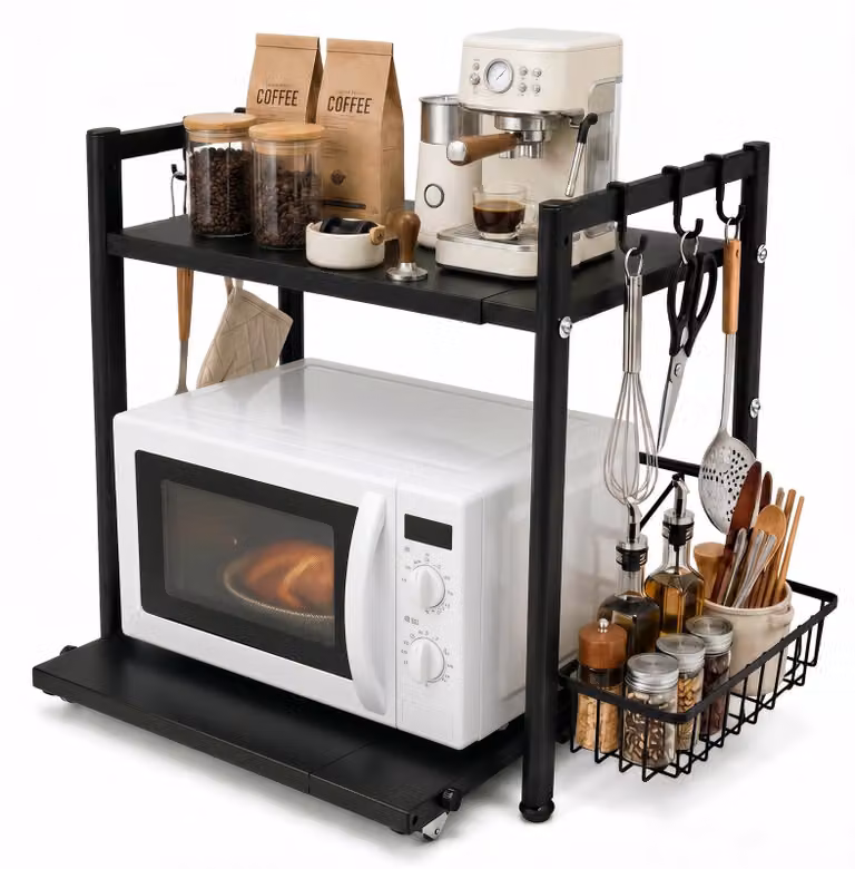 Supporto regolabile per forno a microonde con spazio di stoccaggio aggiuntivo
