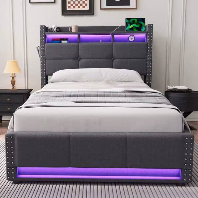 Letto singolo contenitore imbottito grigio scuro 90x200 cm con LED e ricarica USB