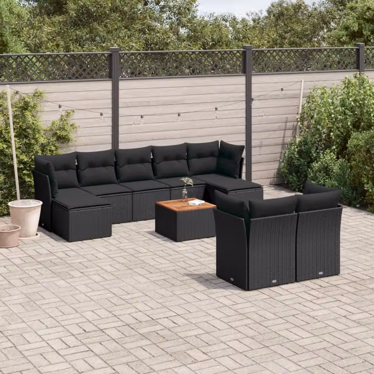 vidaXL Set Divani da Giardino a L 10pz in Polyrattan Nero con Cuscini e Tavolino da Esterno