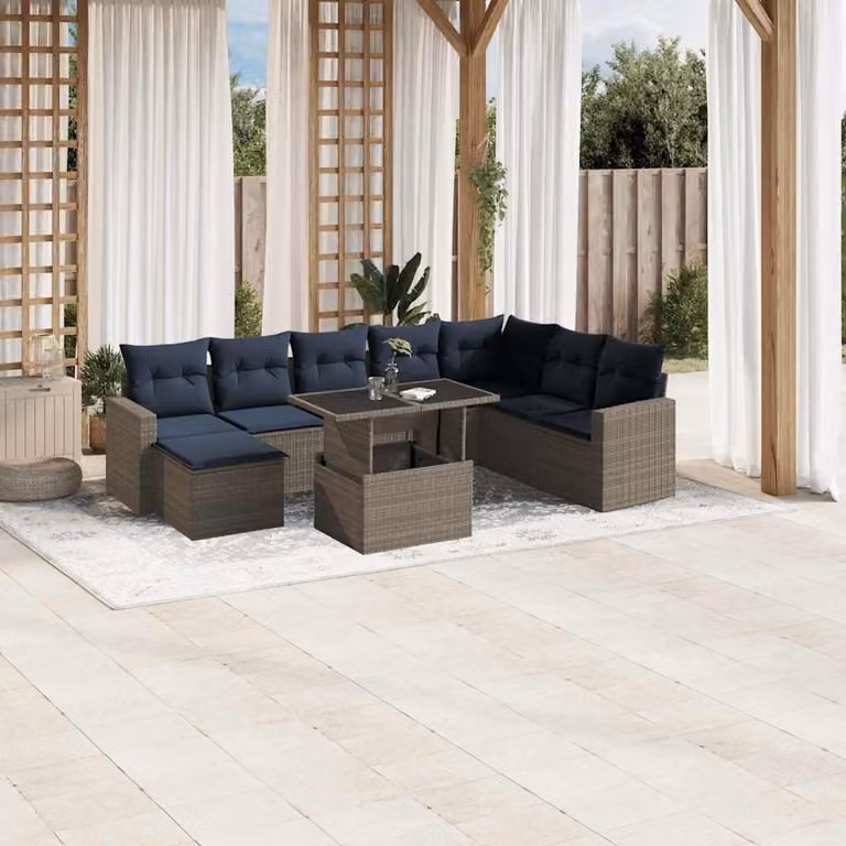 Set di divani da giardino vidaXL in polyrattan grigio con cuscini e tavolino da esterno a forma di U
