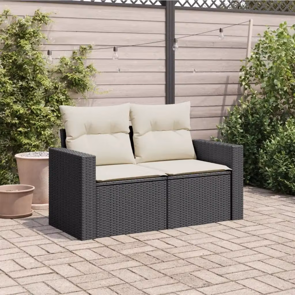 Divano da giardino a 2 posti in polyrattan nero con cuscini bianchi e coperture rimovibili L: 131 cm, P: 69 cm, H: 62 cm – 2