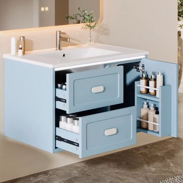 Mobiletto Bagno Sospeso con Lavabo Integrato e LED ¨C MINIMAL ¨C 2 Cassetti, Blu, 76x46x51 cm