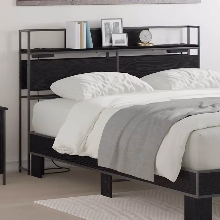 Testata letto con contenitore vidaXL in legno ingegnerizzato e metallo, colore nero opaco, con ripiano integrato e porta di ricarica USB, L: 140,0 cm, H: 98,0 cm, P: 15,0 cm