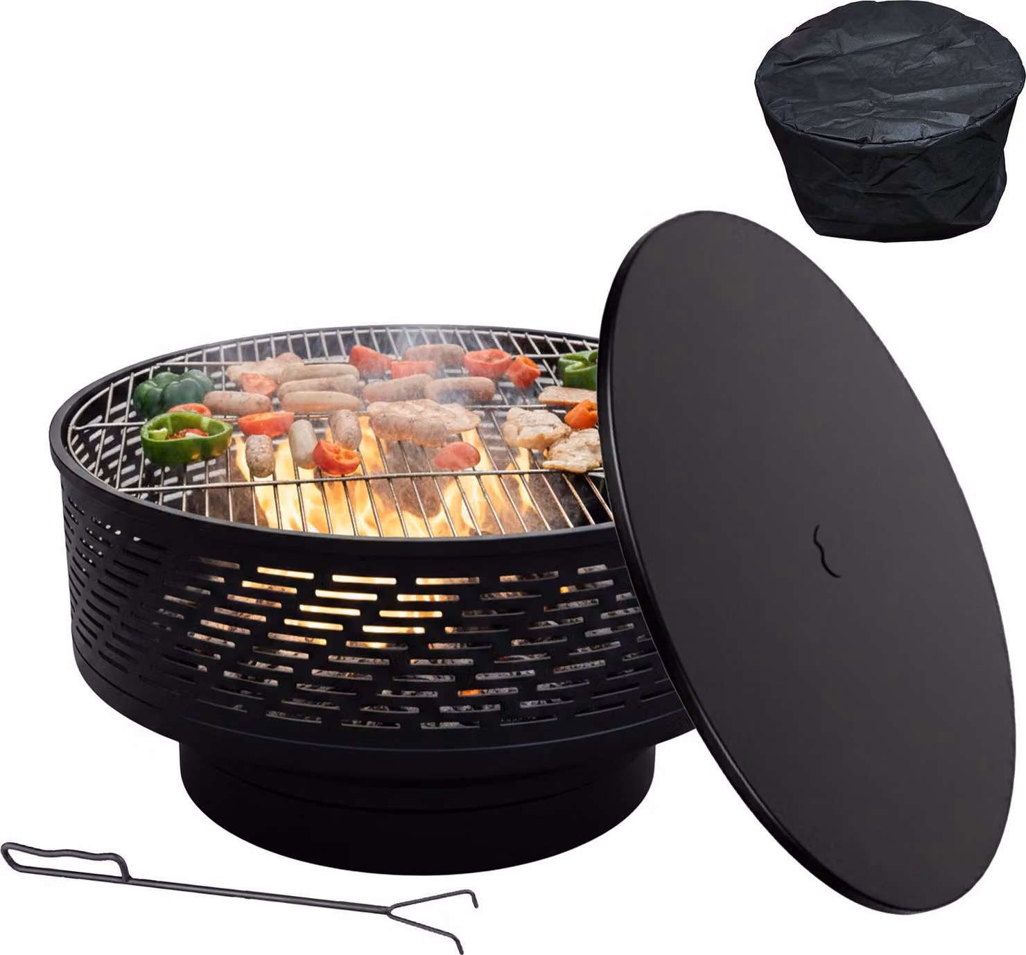 Braciere Relaxdays, Ø 66 cm, con griglia, coperchio, attizzatoio e copertura impermeabile, braciere da giardino, nero